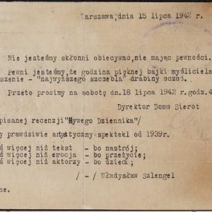 Zaproszenie na przedstawienie w Domu Sierot Janusza Korczaka w dn. 18.07.1942 r., adresowane do Cywii, Icchaka i Sary